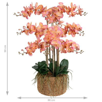 Orhidee artificiala roz cu portocaliu cu aspect natural H90 cm cu 9 tulpini