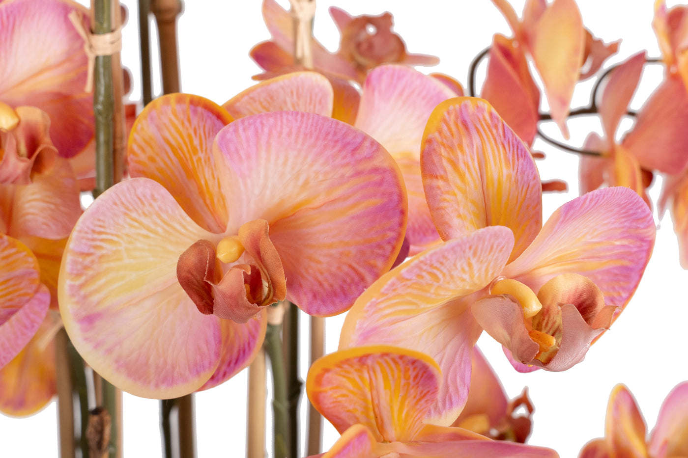 Orhidee artificiala roz cu portocaliu cu aspect natural H90 cm cu 9 tulpini