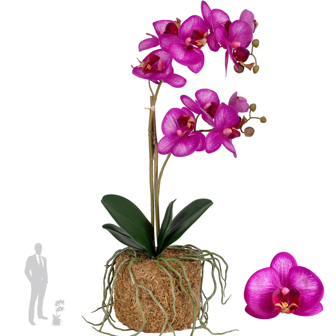 Orhidee artificiala roz intens cu aspect natural H51 cm cu 2 tulpini