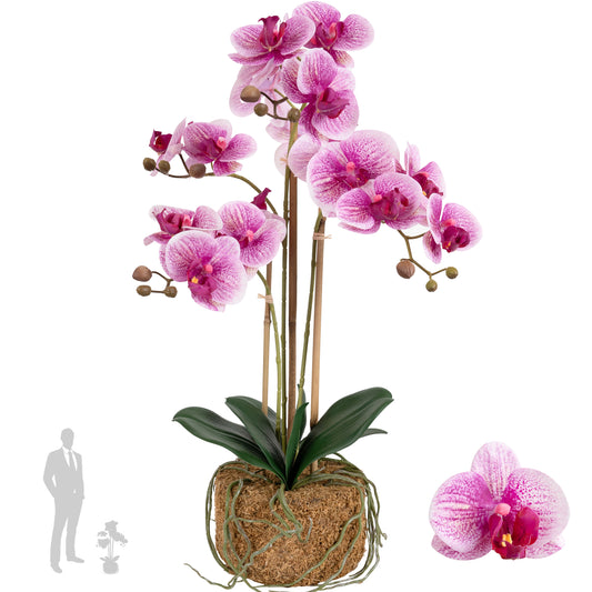 Orhidee artificiala roz-magenta cu alb cu aspect natural H61 cm cu 3 tulpini