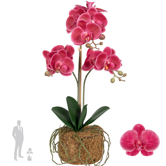 Orhidee artificiala roz-magenta cu aspect natural H53 cm cu 2 tulpini si 3 ramificatii
