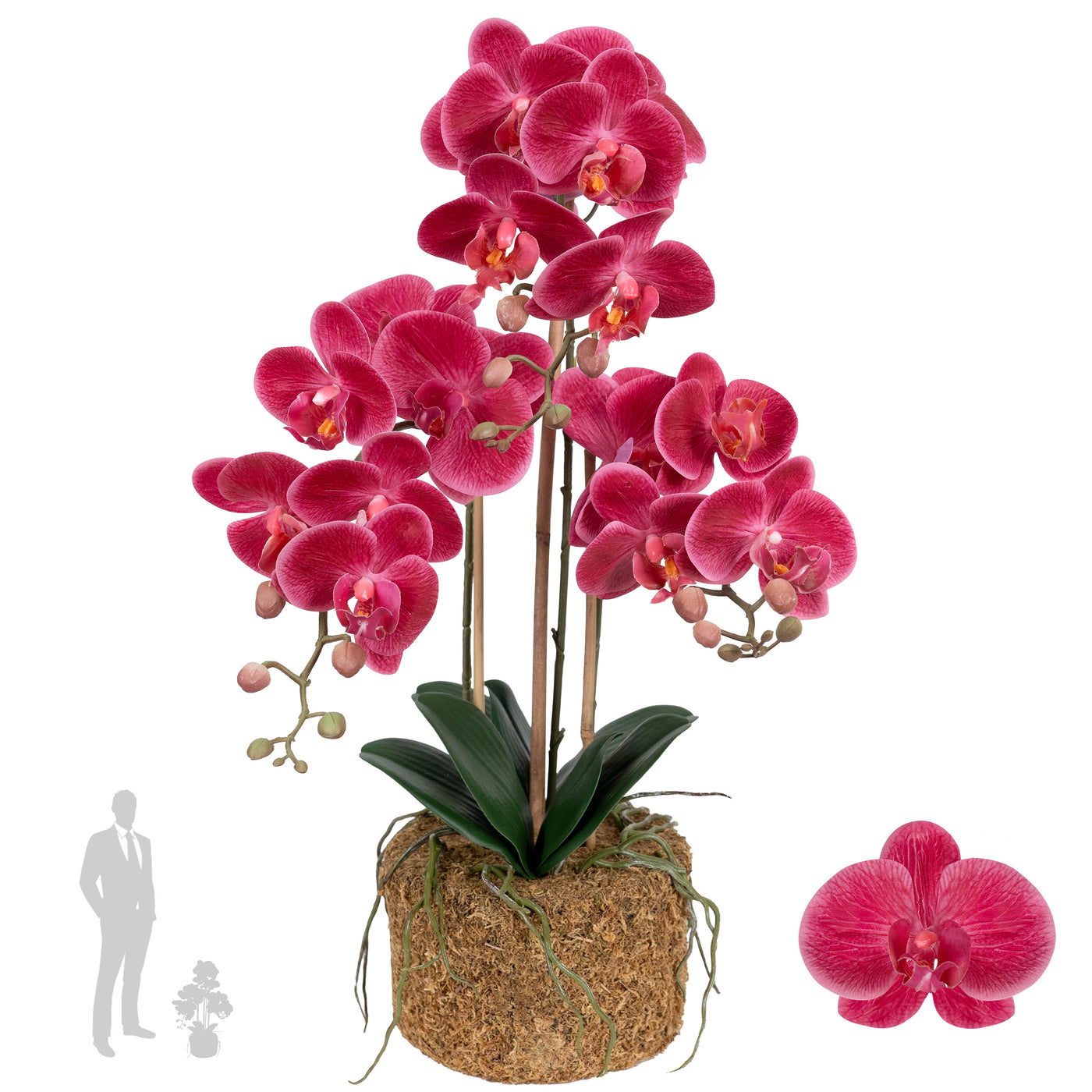 Orhidee artificiala roz-magenta cu aspect natural H61 cm cu 3 tulpini