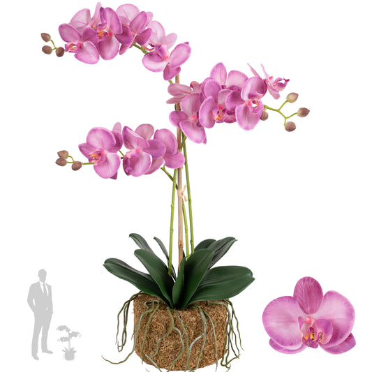 Orhidee artificiala roz pal cu aspect natural H64 cm cu 3 tulpini