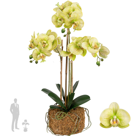 Orhidee artificiala verde cu galben cu aspect natural H61 cm cu 3 tulpini