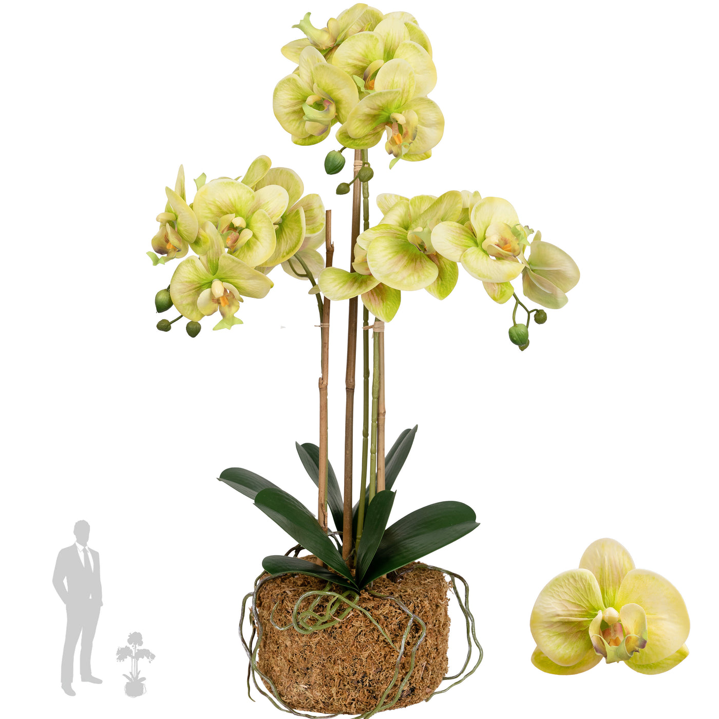 Orhidee artificiala verde cu galben cu aspect natural H61 cm cu 3 tulpini