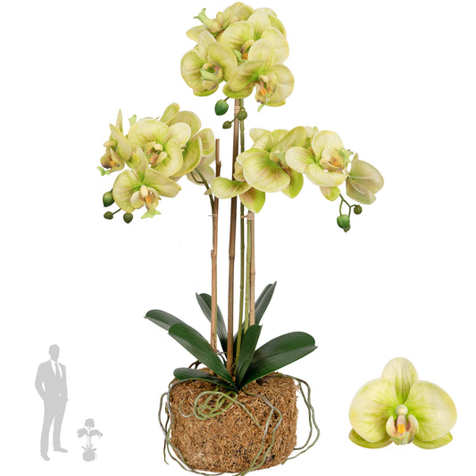Orhidee artificiala verde cu galben cu aspect natural H61 cm cu 3 tulpini