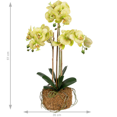 Orhidee artificiala verde cu galben cu aspect natural H61 cm cu 3 tulpini