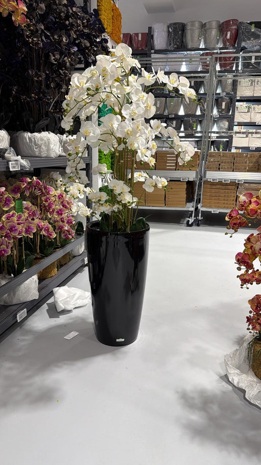 Orhidee artificiala alba cu aspect natural H120 cm cu 21 tulpini