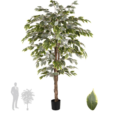 Copac artificial H140cm Ficus variegat cu 3 trunchiuri si 882 frunze verde cu alb