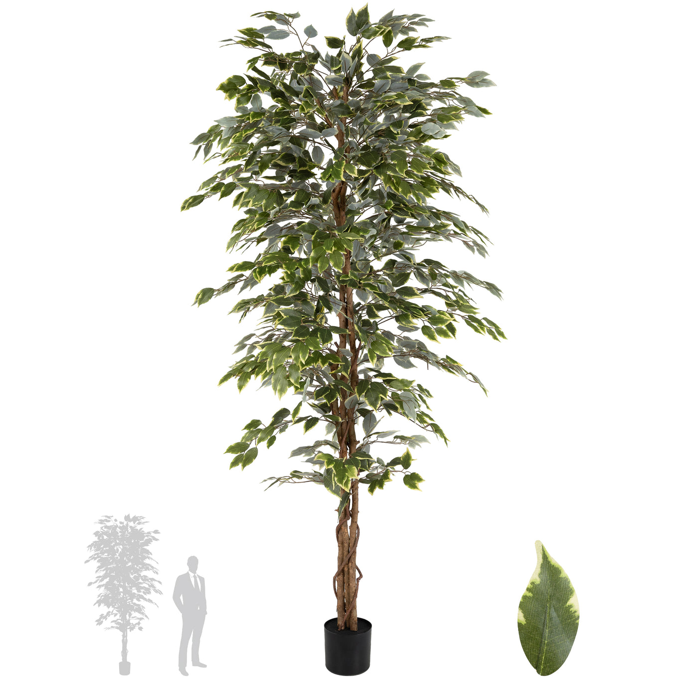 Copac artificial H210cm Ficus variegat cu 3 trunchiuri si 1638 frunze verde cu alb