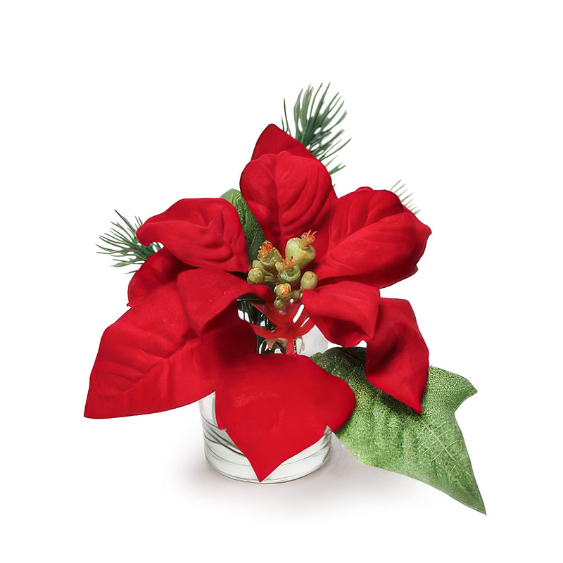 Poinsettia artificiala rosie in vas de sticla H13 cm HO