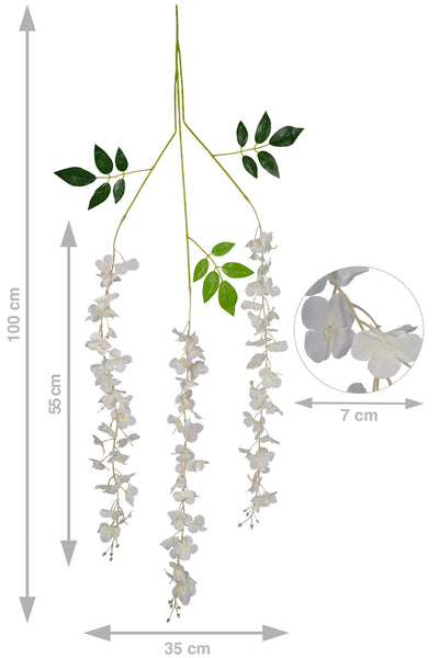 Wisteria artificiala cu flori albe pe 3 ramuri H100 cm