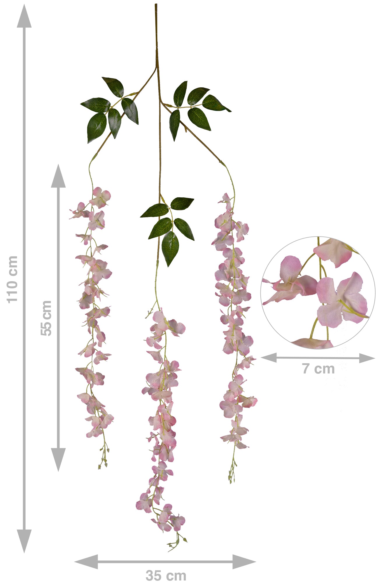 Wisteria artificiala cu flori roz deschis pe 3 ramuri H110 cm