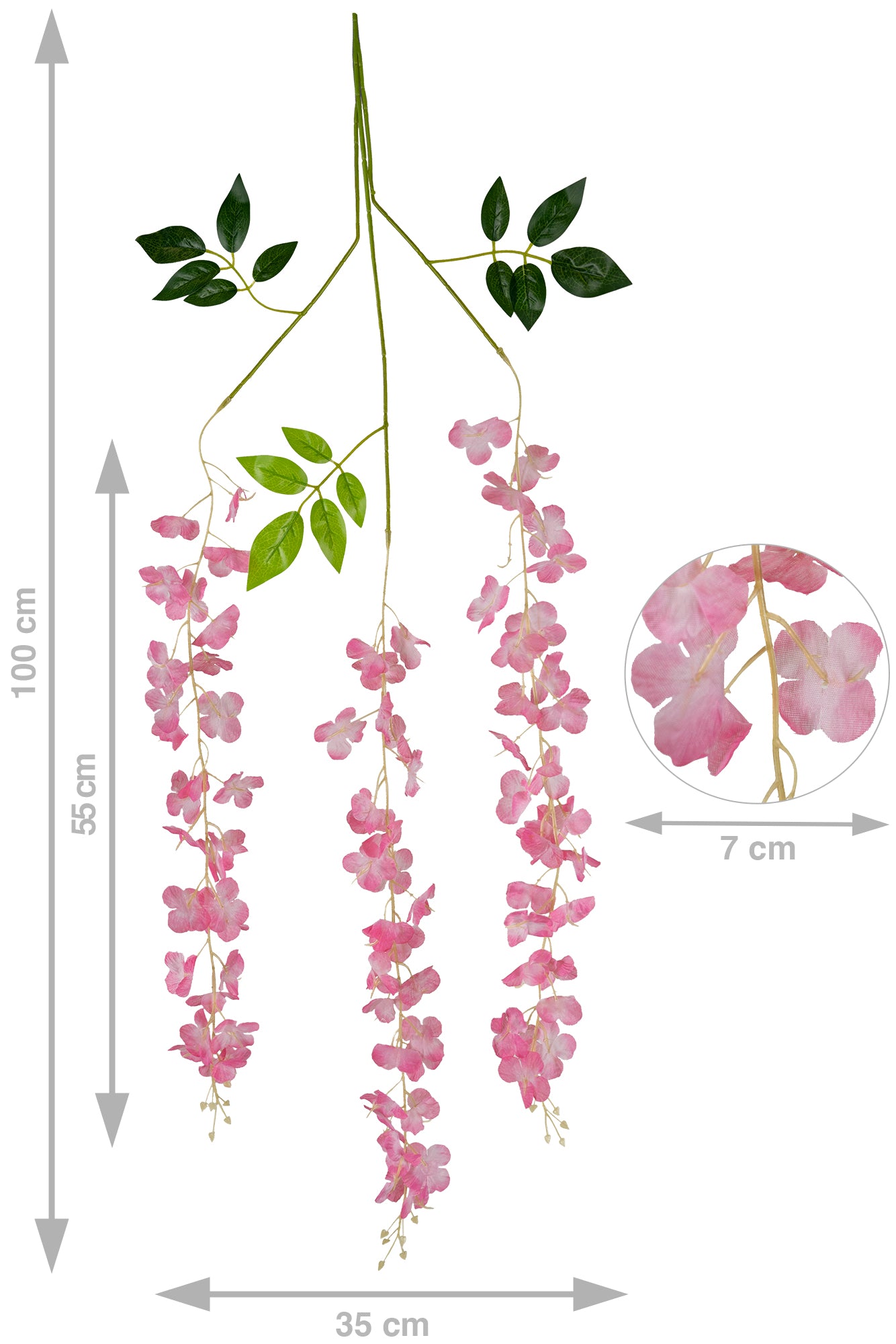 Wisteria artificiala cu flori roz pe 3 ramuri H100 cm